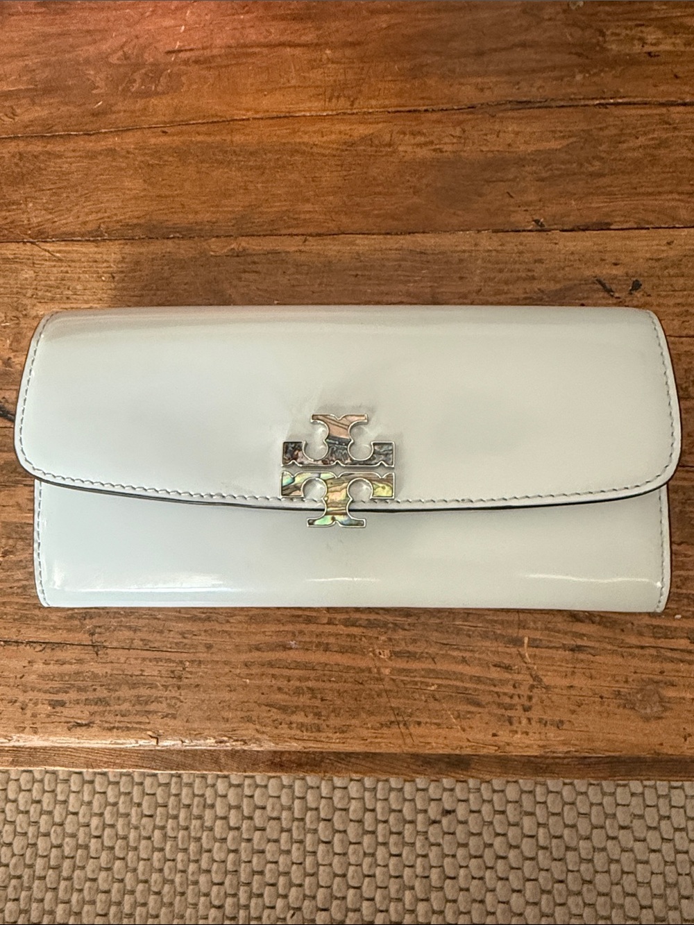 Tory Burch Pale Blue Patent Leather Britten Envelope Wallet Double T Logo